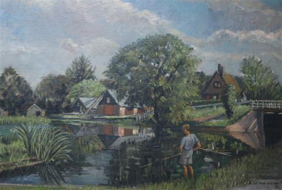 Karl Hagedorn Boy angler in a landscape 49 x 74cm